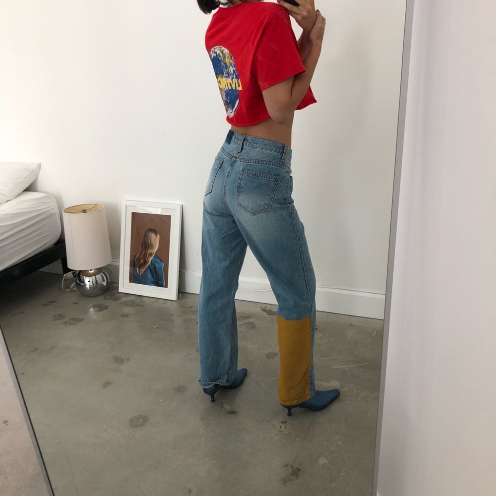 Oversized Jeans with Yellow Paint Stripe on Leg - Picture 2 of 3